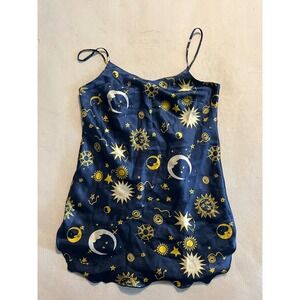Vintage Celestial Sun Moon Star Print Satin Slip Dress Blue Scalloped Hem XS